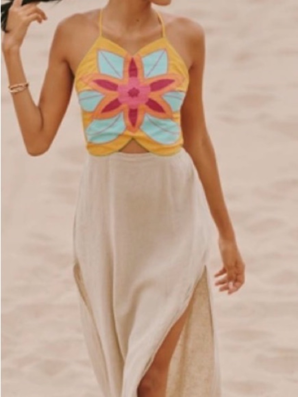 Anthropologie Yellow Turquoise Pink Floral-Embroidered Maxi Dress